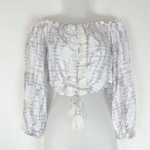 SURF GYPSY Grey Metallic Star Print Crochet Ruched Off Shoulder Crop Top Small